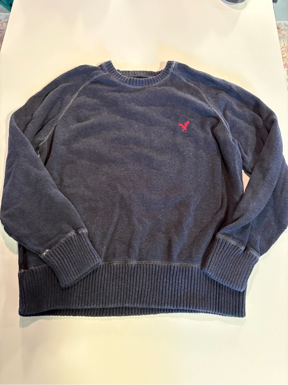 American Eagle Outfitters Navy Crewneck Sweater with Red Logo Embroidery